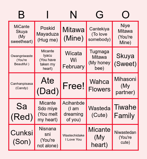 Valentines Dakota Language Bngo Bingo Card