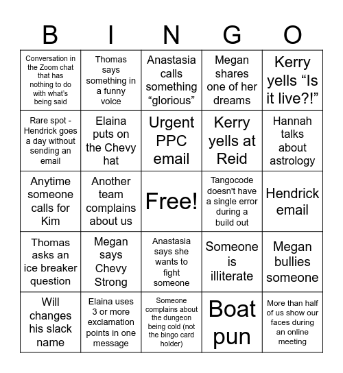 Nelson's Bingo Card Bingo Card