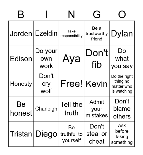 Honesty Bingo Card