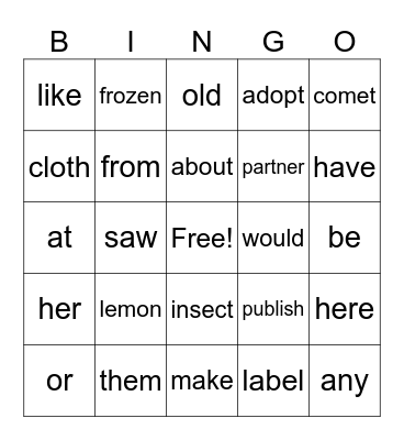Spelling/Heart Word Bingo Card