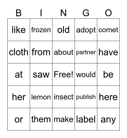 Spelling/Heart Word Bingo Card