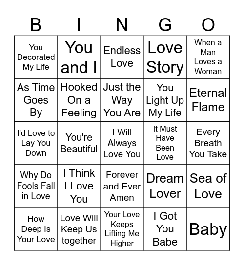 Valentines Music Bingo Card