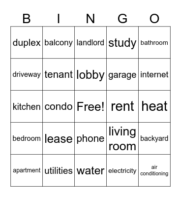 Housing Terms Bingo Card