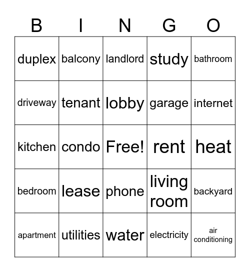Housing Terms Bingo Card