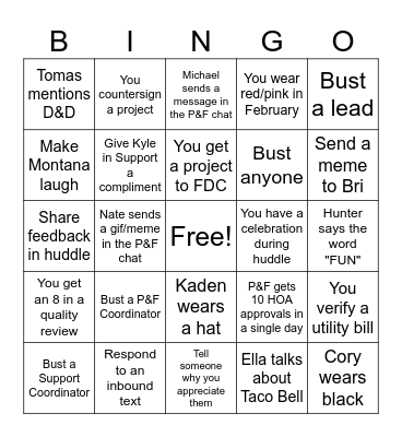 P&F February Bingo Card