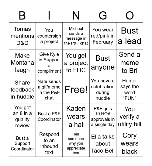 P&F February Bingo Card