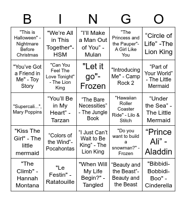Childhood movies songs Bingo Card