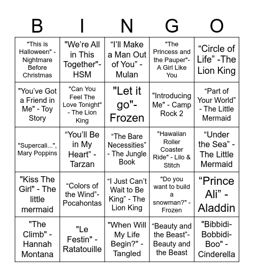 Childhood movies songs Bingo Card