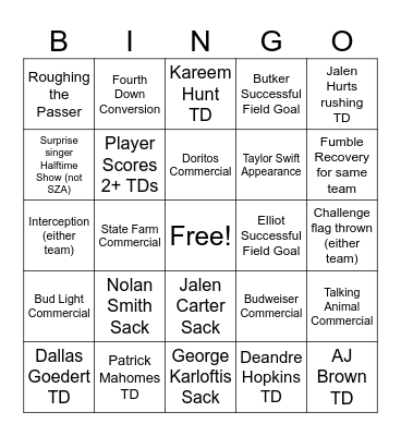 Super Bowl Bingo Card