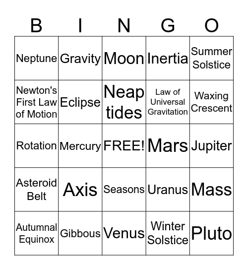 Astronomy  Bingo Card