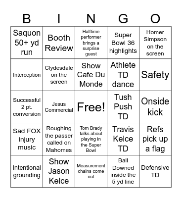 Super Bowl Bingo Card