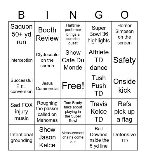 Super Bowl Bingo Card