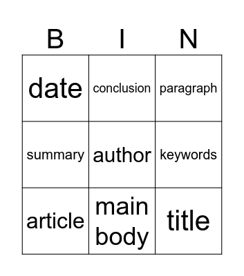 writing a summary Bingo Card