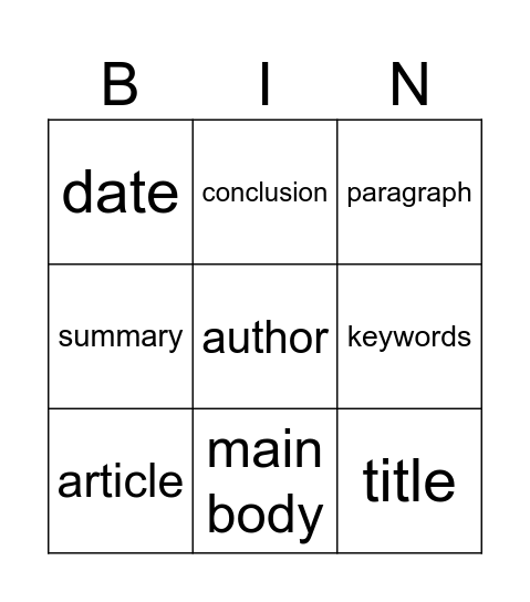 writing a summary Bingo Card