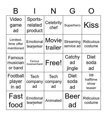 Super Bowl Commercial Bingo Card
