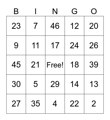 ASL Numbers 1 - 49 Bingo Card