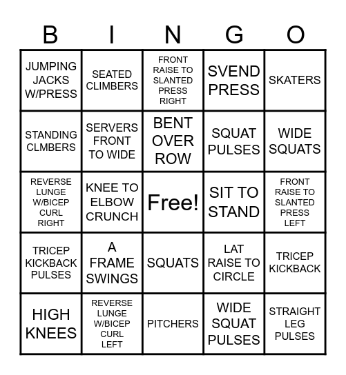 Sit to get Fit Bingo Card