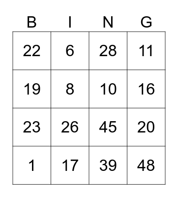 ASL Numbers 1 - 49 FD Bingo Card