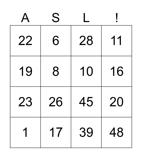 ASL Numbers 1 - 49 FD Bingo Card