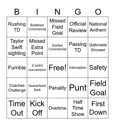 Super Bowl Bingo Card