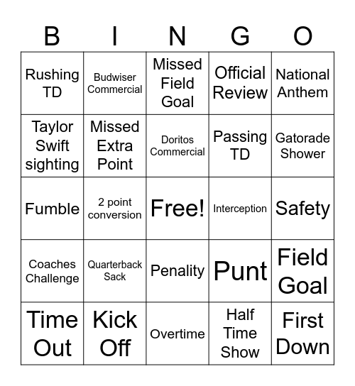 Super Bowl Bingo Card