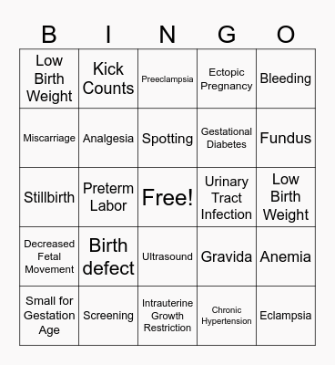 Possible Pregnancy Complication Bingo Card