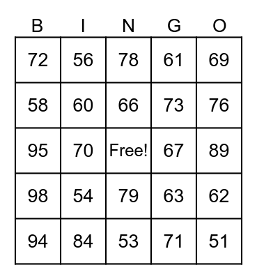 ASL Numbers 50 - 99 GE Bingo Card