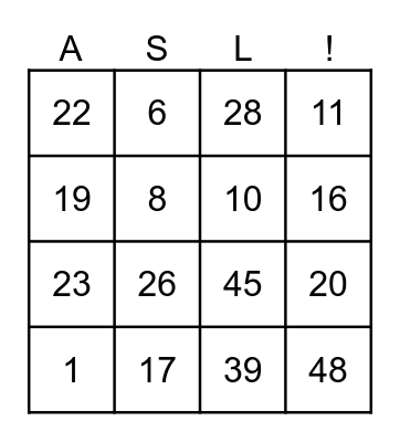 ASL Bingo Numbers 1 - 49 FD Bingo Card