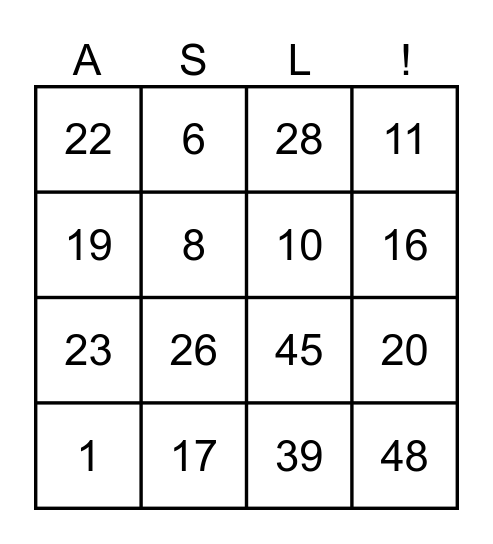 ASL Bingo Numbers 1 - 49 FD Bingo Card