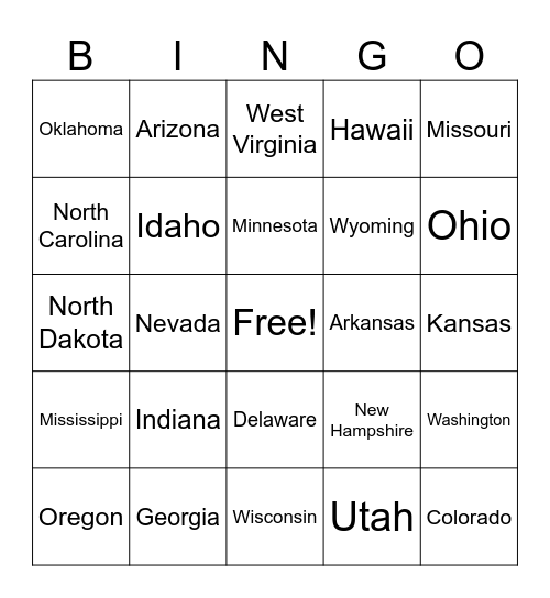 States Bingo Card