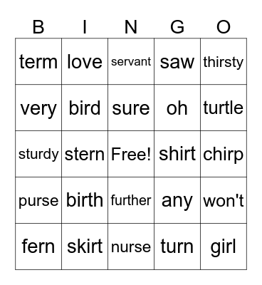 ER, IR, UR Words Bingo Card