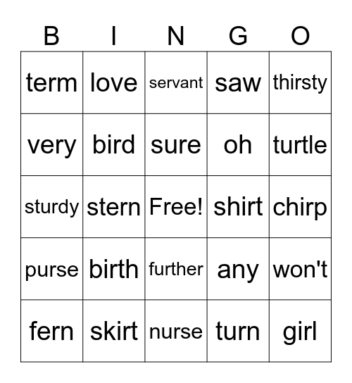 ER, IR, UR Words Bingo Card