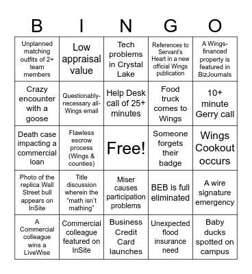 Commercial Team Bingo Card
