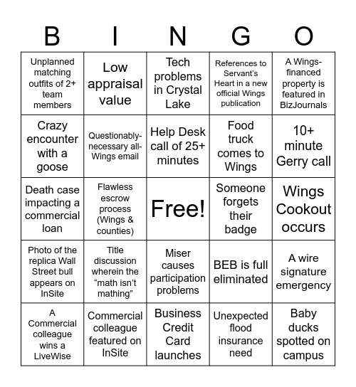 Commercial Team Bingo Card
