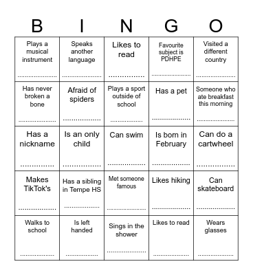 PDHPE 2025 Bingo Card