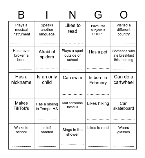 PDHPE 2025 Bingo Card