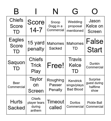 Superbowl 2025 Bingo Card