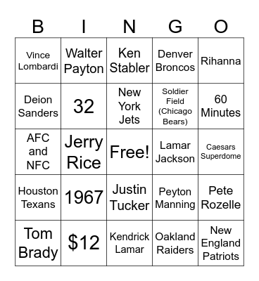Super Bowl Bingo Card