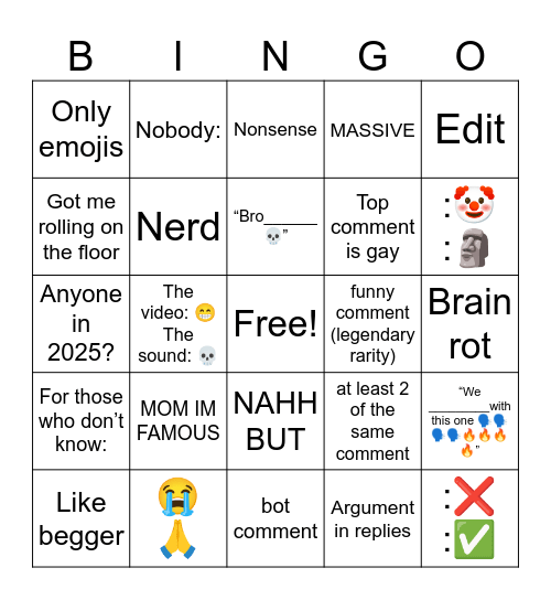 Npc YouTube comments bingo Card