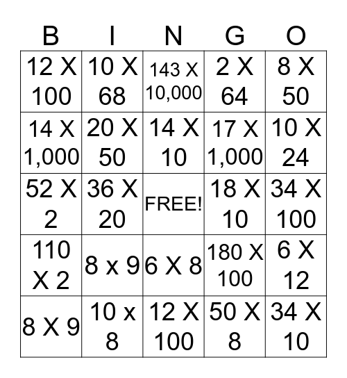 Doubling and Halving Bingo Card