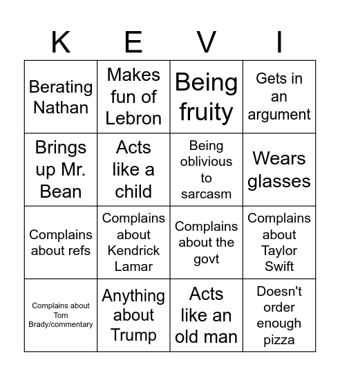 Kevin Bingo Card