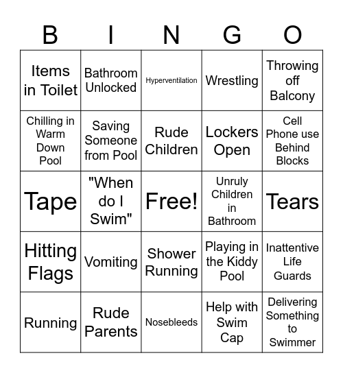 Swim Meet Bingo Card