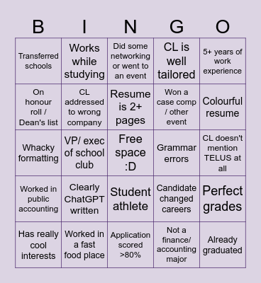 Resume Bingo Card