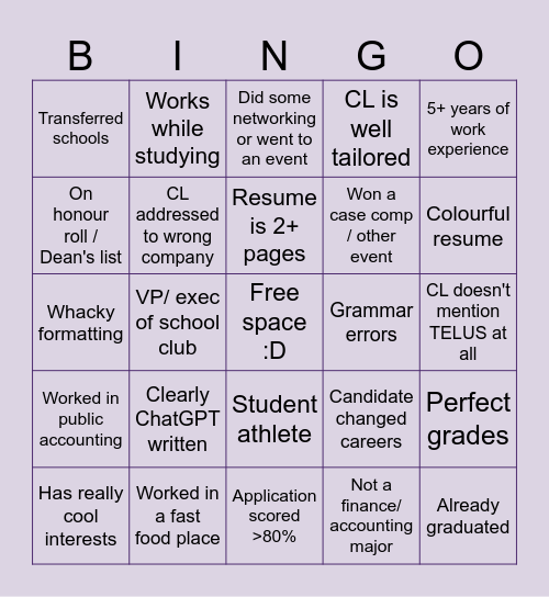 Resume Bingo Card
