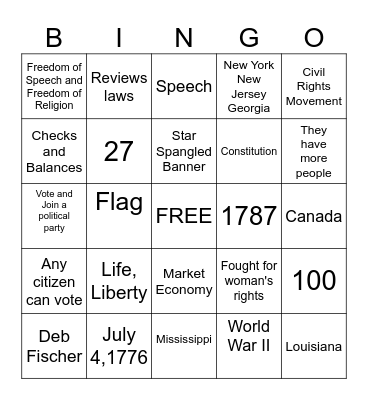 Citizenship Bingo Card