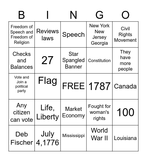 Citizenship Bingo Card