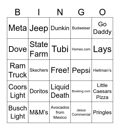 Super Bowl Commercial Bingo Card