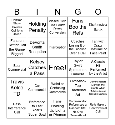 NFL SB Bingo Card