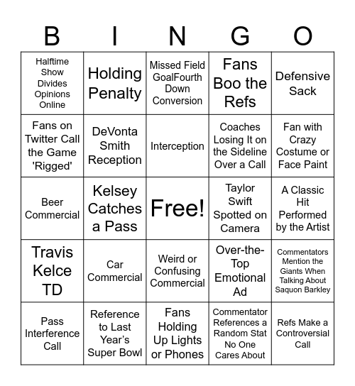 NFL SB Bingo Card