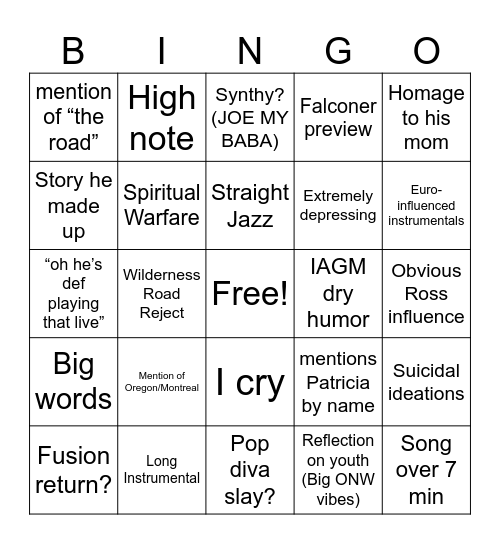 The Life I Got Bingo Card